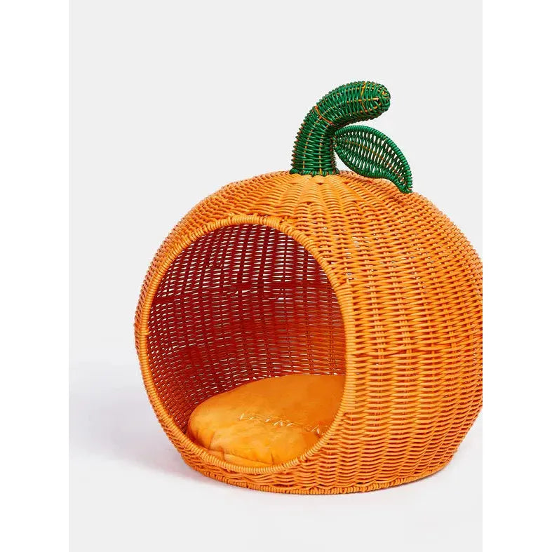 Vibrant Vetreska Tangerine Handcrafted PE Rattan Pet Bed with Washable Cushion