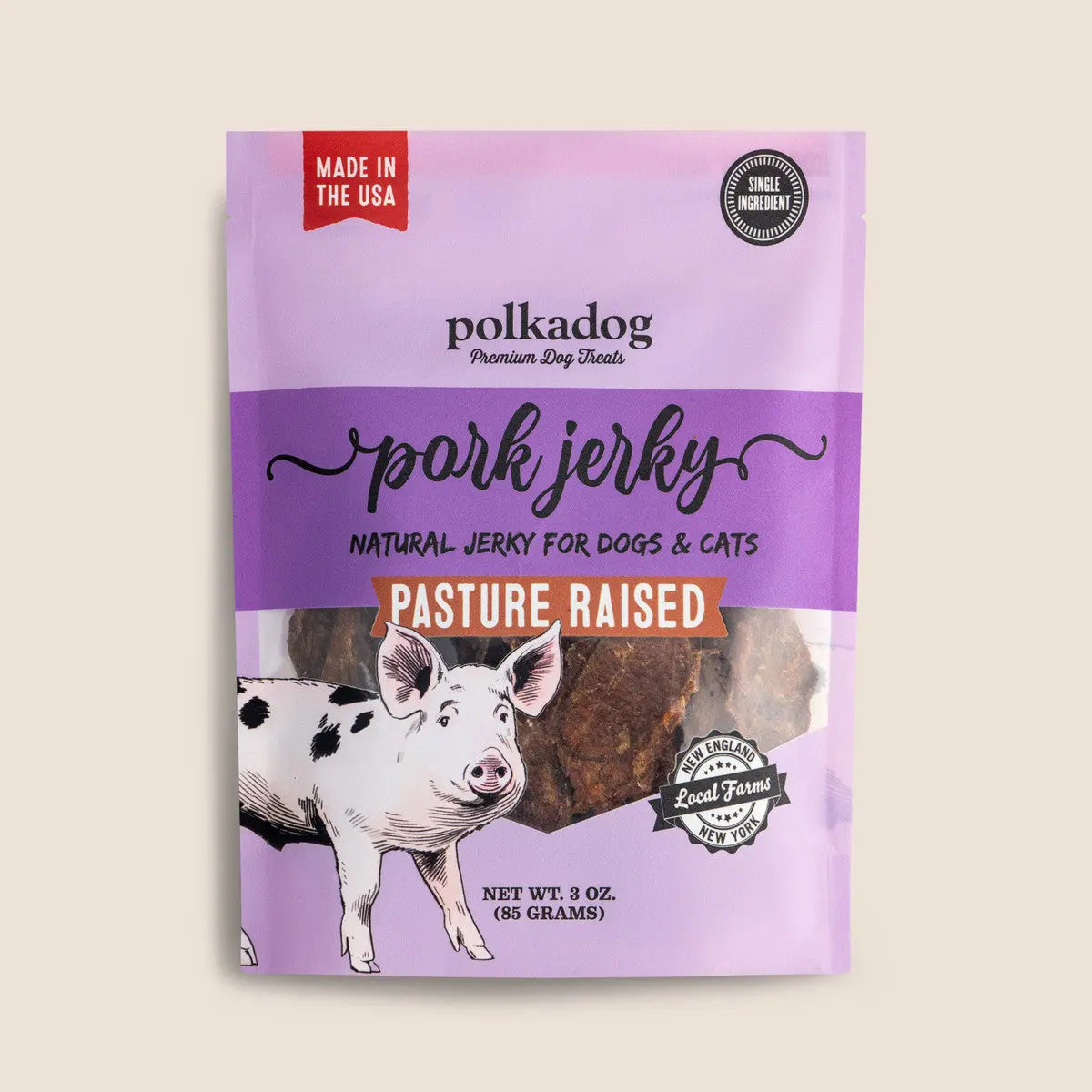 Polkadog Branded Pouch of Delectable Pork Jerky Dog Treats