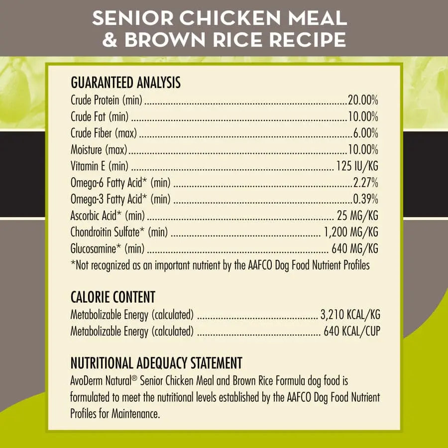 AvoDerm Premium Natural Chicken Meal and Brown Rice Dry Dog Food Specially Formulated for Senior Dogs