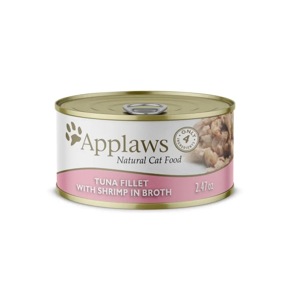 Applaws Premium Natural Wet Canned Cat Food - Tuna Fillets Combined with Shrimp in Broth, Pack of 24 Cans