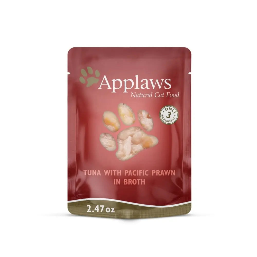 Applaws 70g Single-Serve Pouches of Tuna Fillet and Pacific Prawn in Broth, Pack of 12 for Feline Delights