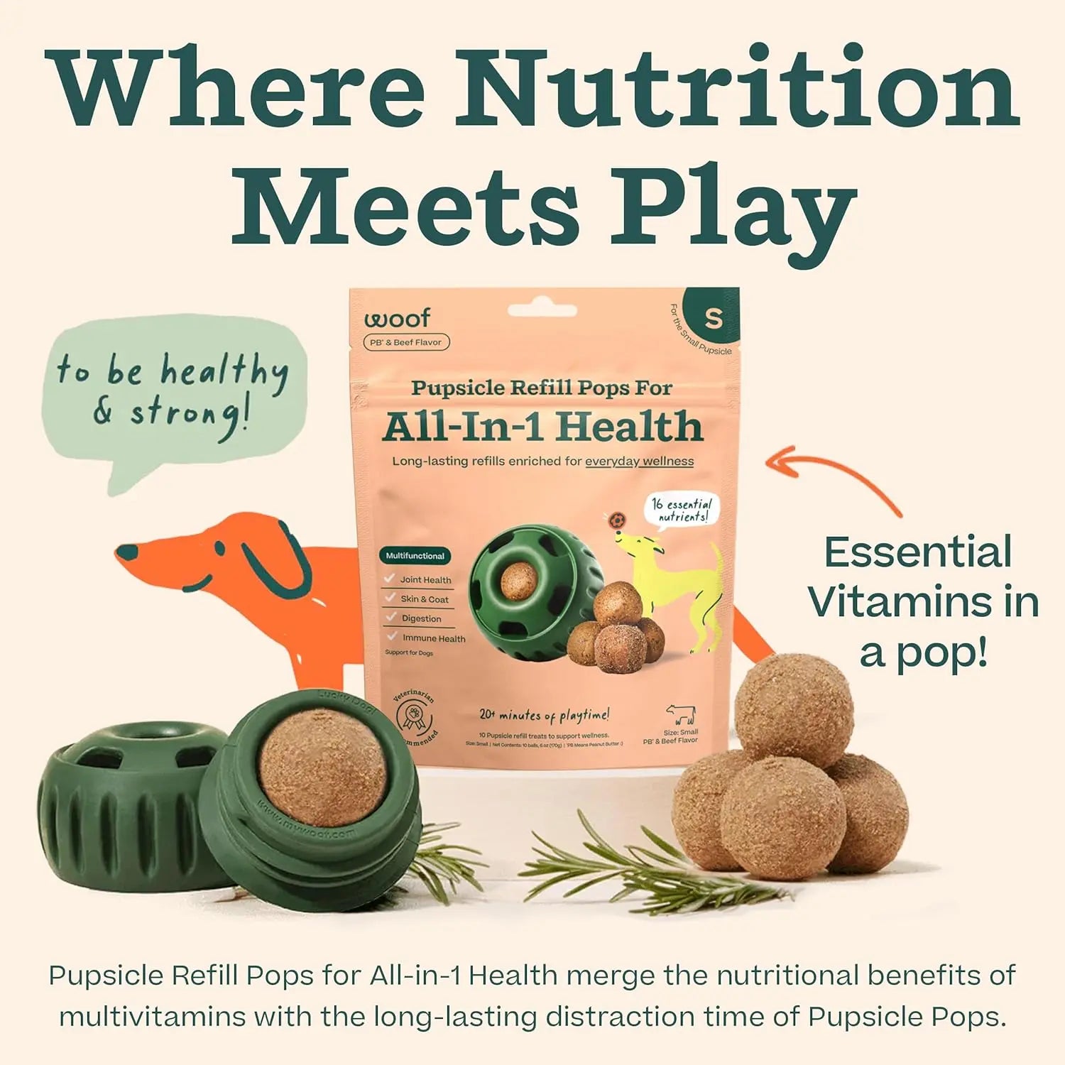 Woof Pet All-in-One Health Beef Flavored Grain-Free Lickable Dog Treat Popsicle Refills for Canine Wellness