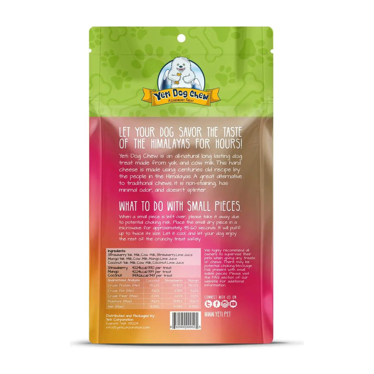 Yeti Brand Premium All - Natural Himalayan Cheese Dog Treats in Coconut, Strawberry, and Mango Flavors, Large Size, 3 - Pack (10.5oz)