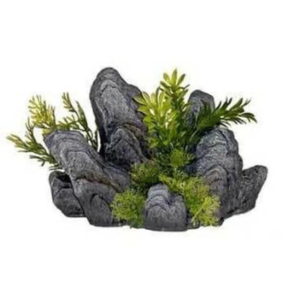 Blue Ribbon Small Aquarium Resin Ornament - Rock Outcropping Decorated with Green Plants