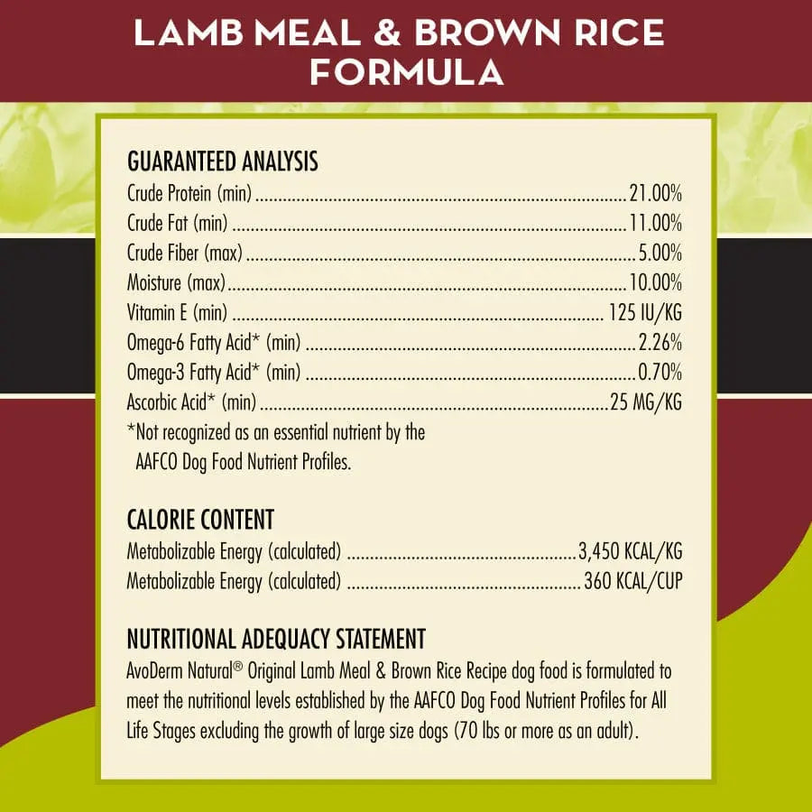 AvoDerm Natural High - Quality Original Lamb Meal & Brown Rice Dry Dog Food