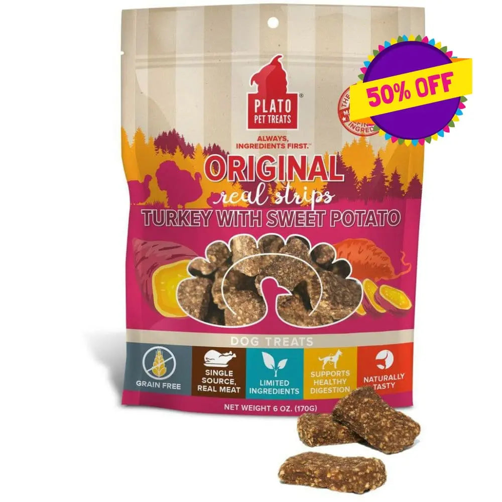 Plato Authentic Turkey & Sweet Potato Real Strips Dog Treats with Digestive Support