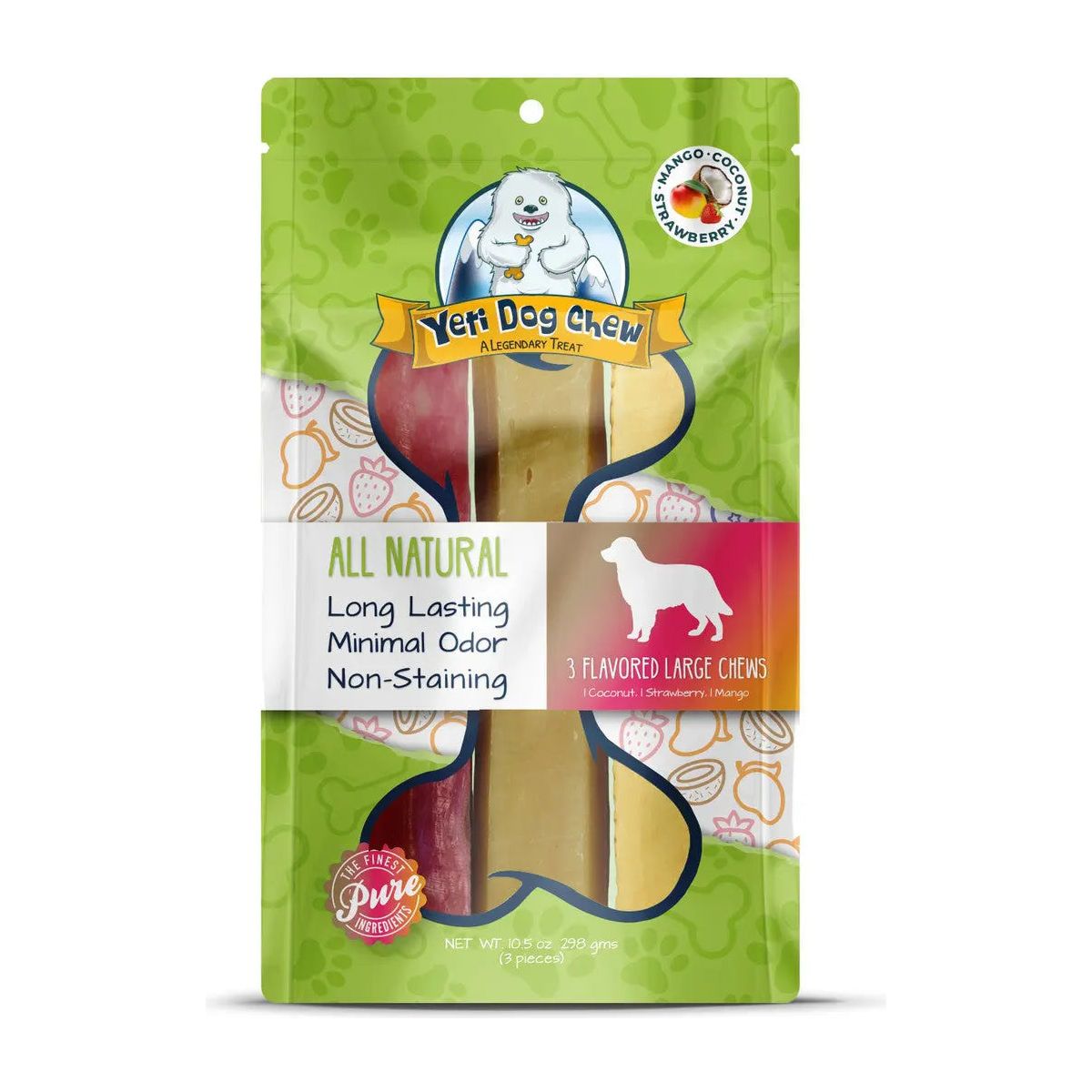 Yeti Brand Premium All - Natural Himalayan Cheese Dog Treats in Coconut, Strawberry, and Mango Flavors, Large Size, 3 - Pack (10.5oz)