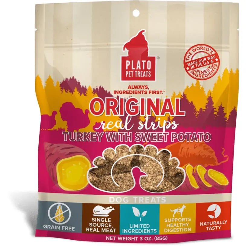 Plato Authentic Turkey & Sweet Potato Real Strips Dog Treats with Digestive Support