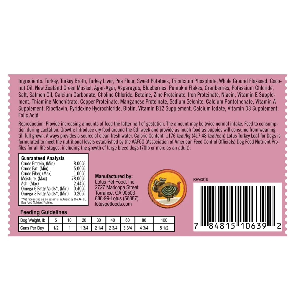 Grain-Free Canned Lotus Turkey Loaf Dog Food, 12 Cans of 12.5oz