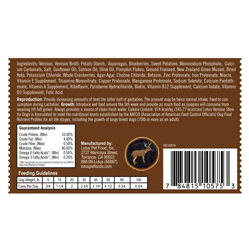 Lotus Premium Grain - Free Canned Venison Stew Dog Food for All Dog Life Stages
