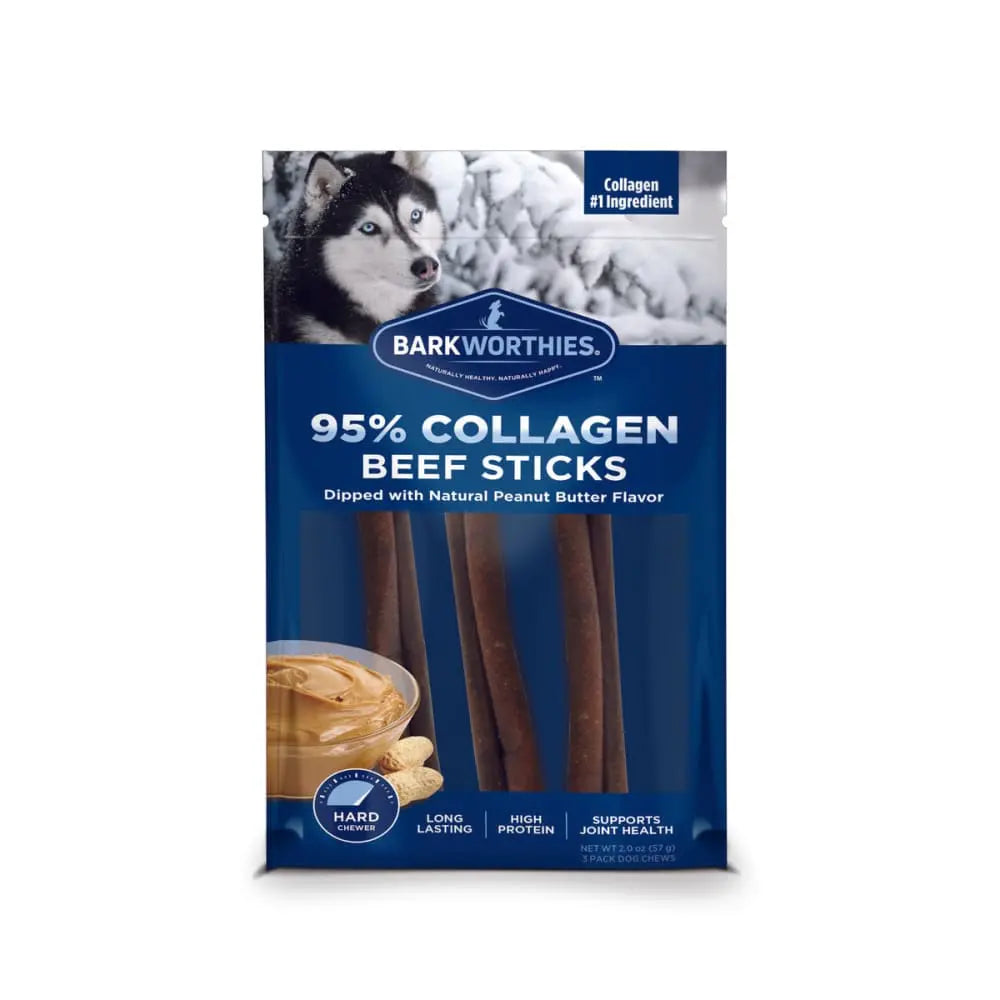 Barkworthies Premium Collagen Beef Chew Sticks with Delicious Peanut Butter Flavor - 6 Pieces per 3 Pack for Dogs