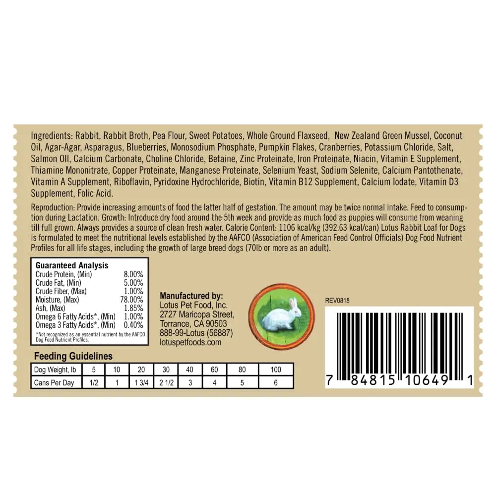 Grain-Free Canned Dog Food in Loaf Form with Lotus Rabbit, Pack of 12 Cans, Each 12.5 Ounces