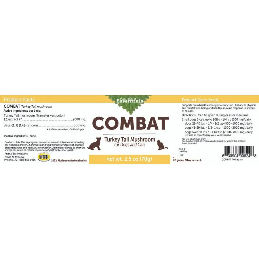 Animal Essentials Combat Turkey Tail Mushroom Pet Vitamin Supplement 70g for Cats & Dogs