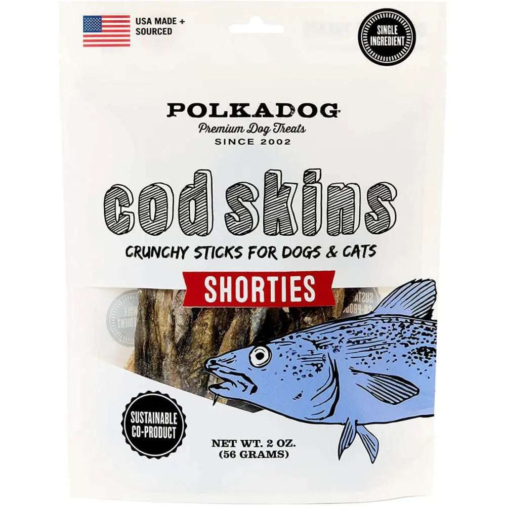 Polka Dog Premium Cod Skin Jerky Shorties - All - Natural Fish Jerky Treats for Dogs and Cats, 2 - Ounce Pack