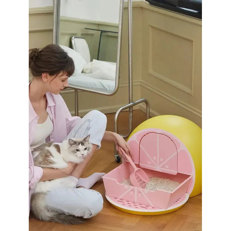 Vetreska Grapefruit-themed Odor Control Kitty Litter Box with Lid and Scoop Set for Feline Companions