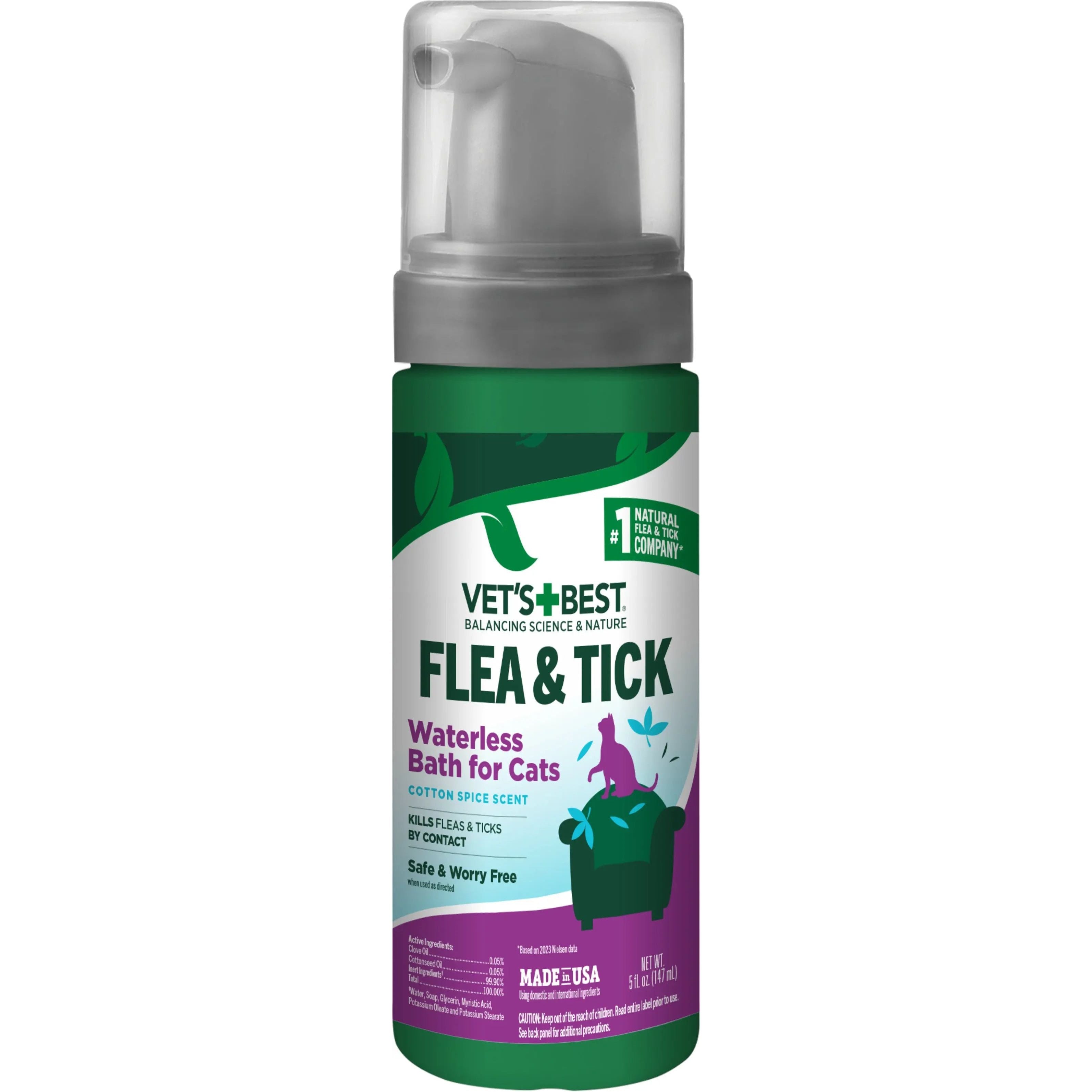 Vet's Best Waterless Bath for Cats: Flea & Tick Repellent with Cotton Spice Scent