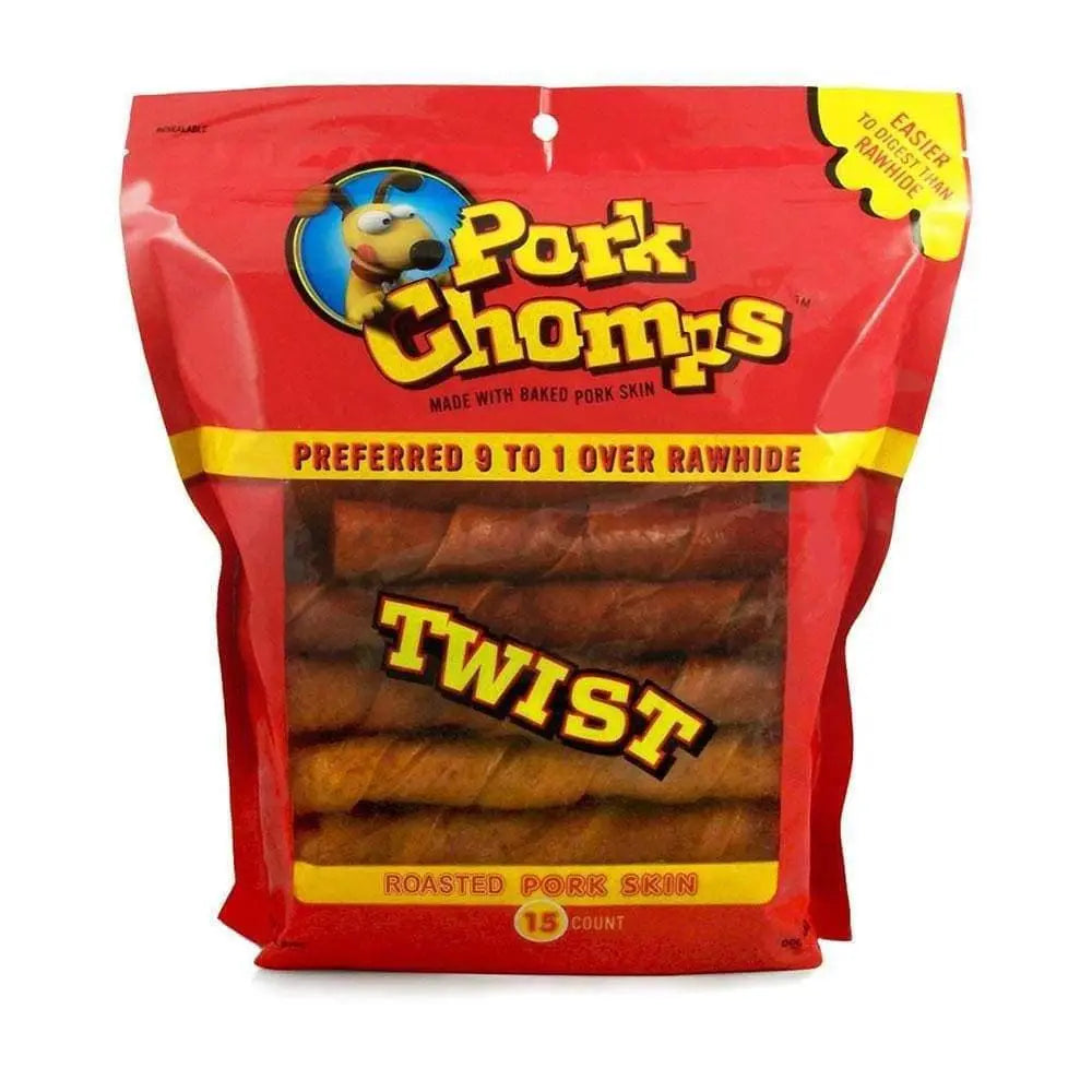 Pork Chomps™ Premium Roasted Dog Treats with Pork Flavor, Large Twists, 6 Inches in Length, Pack of 15