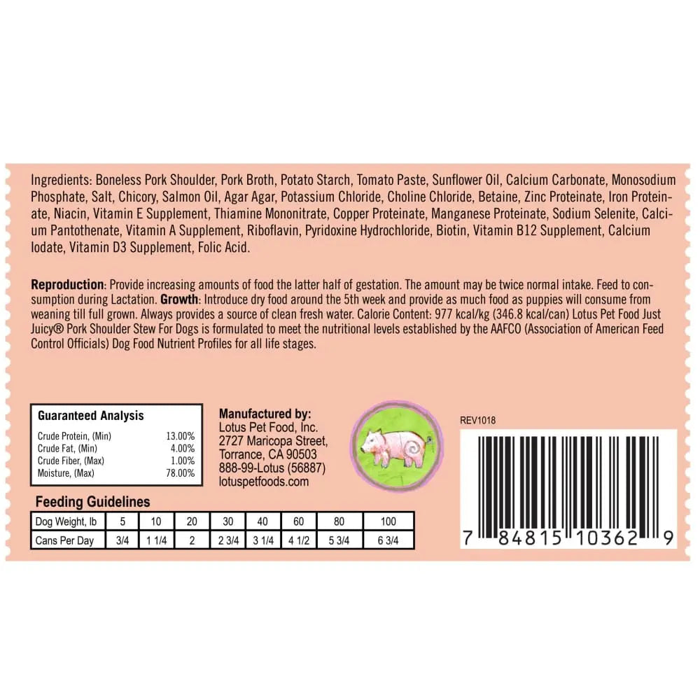 Grain-Free Lotus Just Juicy Canned Dog Food with Pork Shoulder Stew
