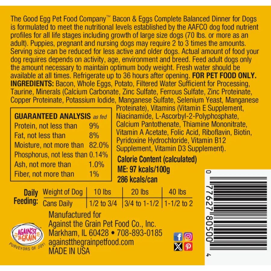 Against the Grain Premium Canned Dog Food - The Good Egg Bacon and Eggs Variety Pack (12 Cans, 10.5 oz Each)