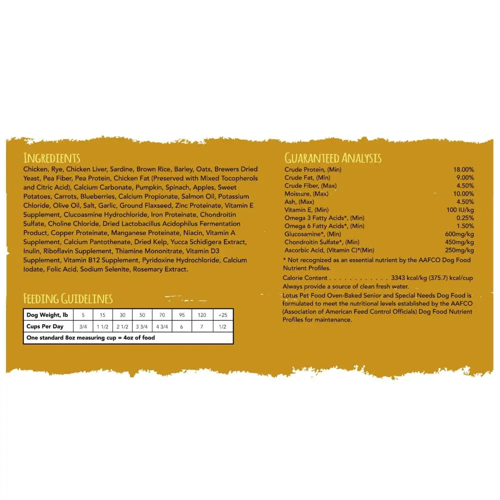 Lotus Senior Dog Special Needs Recipe - Wholesome Oven - Baked Dry Dog Food