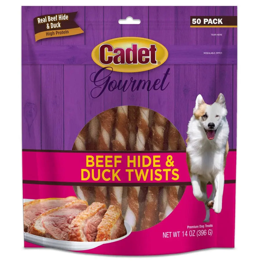 Cadet Gourmet Dog Twist Sticks Made of Beef Hide and Duck - Premium Canine Chewing Treats