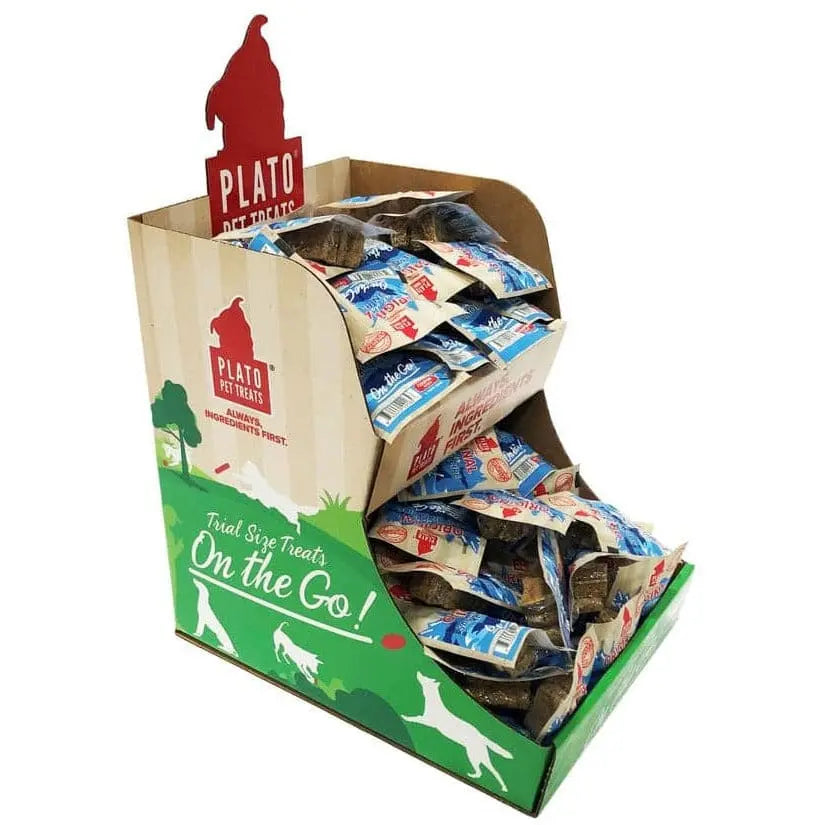 On - the - Move Plato Brand Real Salmon Strips Display Pack with 100 Pieces for Dogs