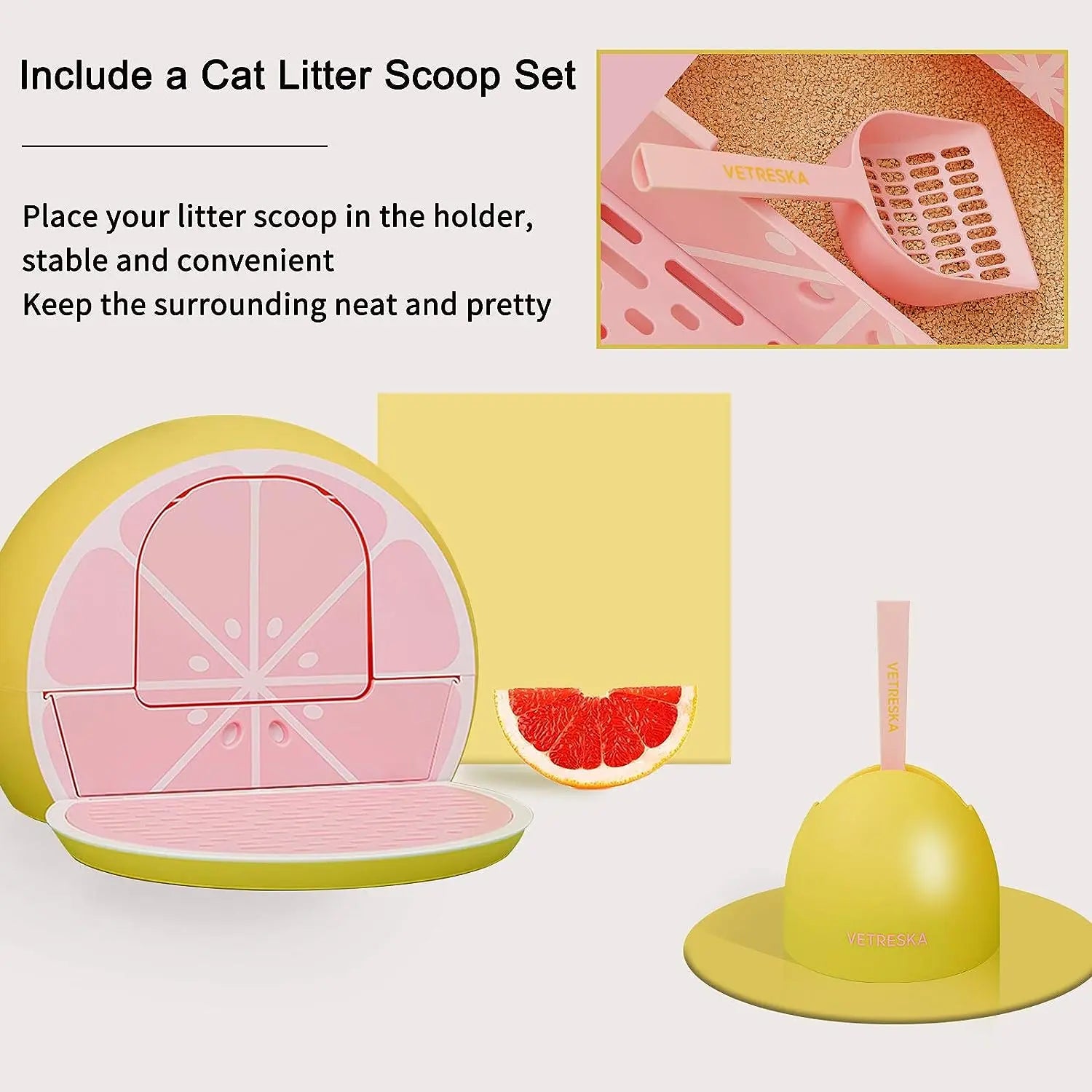 Vetreska Grapefruit-themed Odor Control Kitty Litter Box with Lid and Scoop Set for Feline Companions