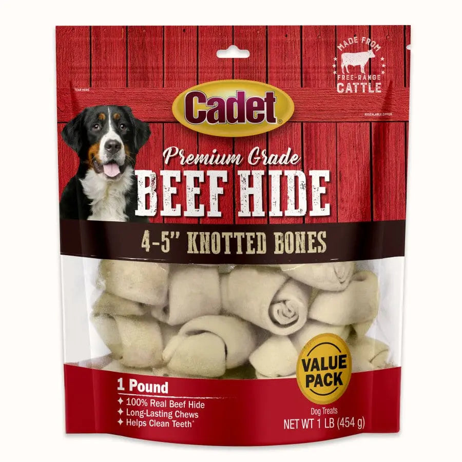 Cadet Premium Beef Hide Knotted Dog Chews, 4 - 5 Inches Long, 1 Pound Pack for Canine Enjoyment