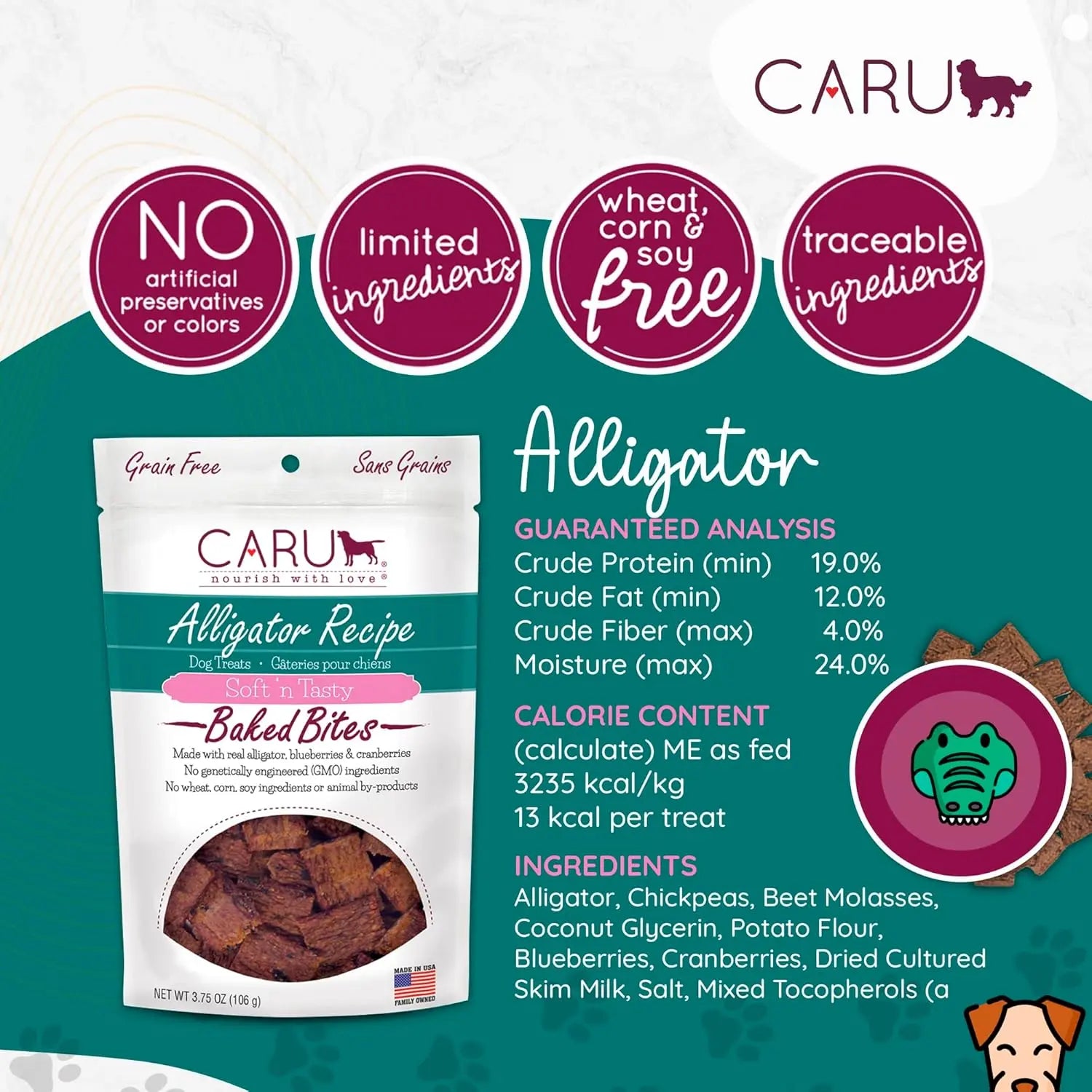 Caru Premium Grain - Free Soft and Delicious Baked Bite - Style Dog Treats with Alligator Recipe