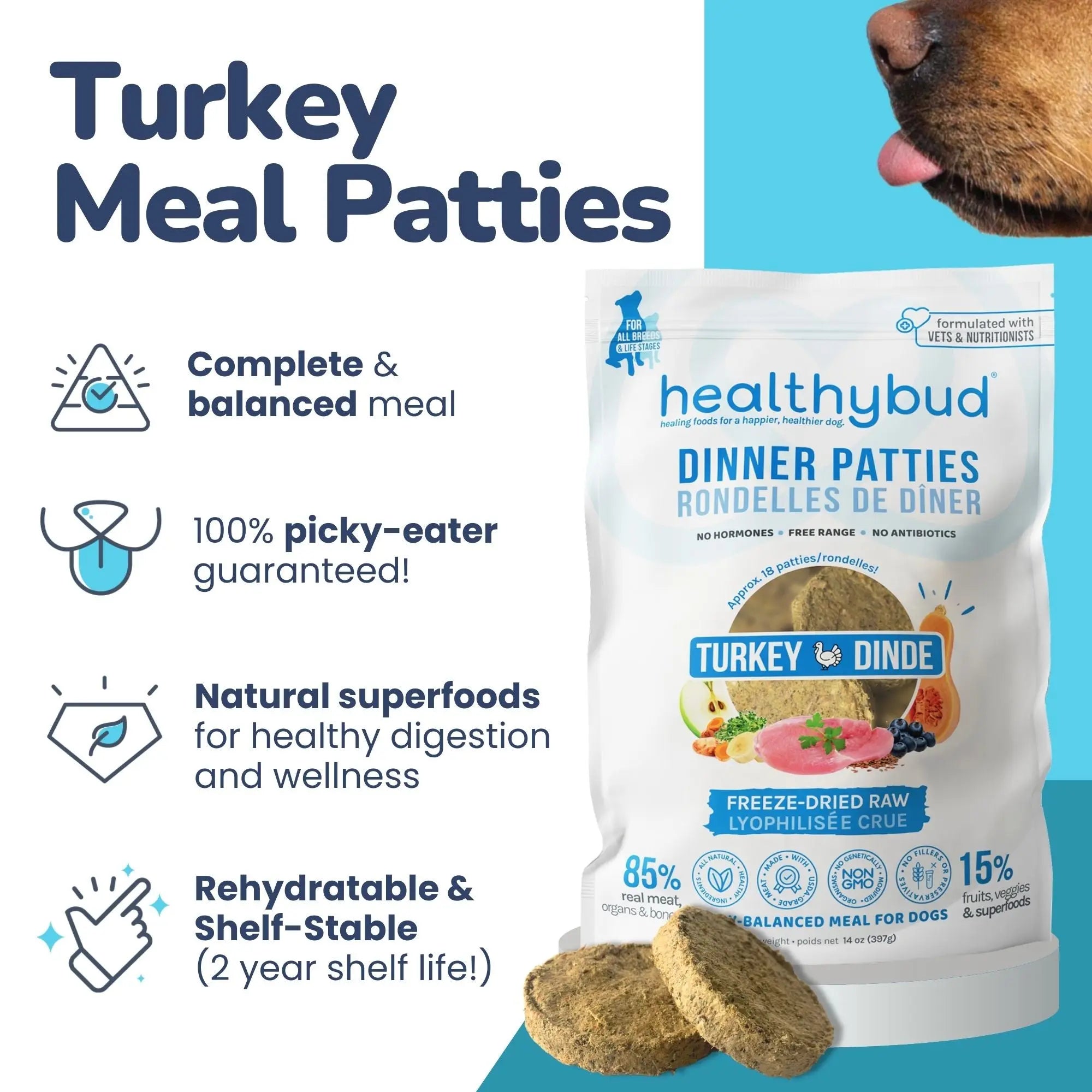 Healthybud 14 oz Freeze - Dried Turkey Patties Premium Dog Food