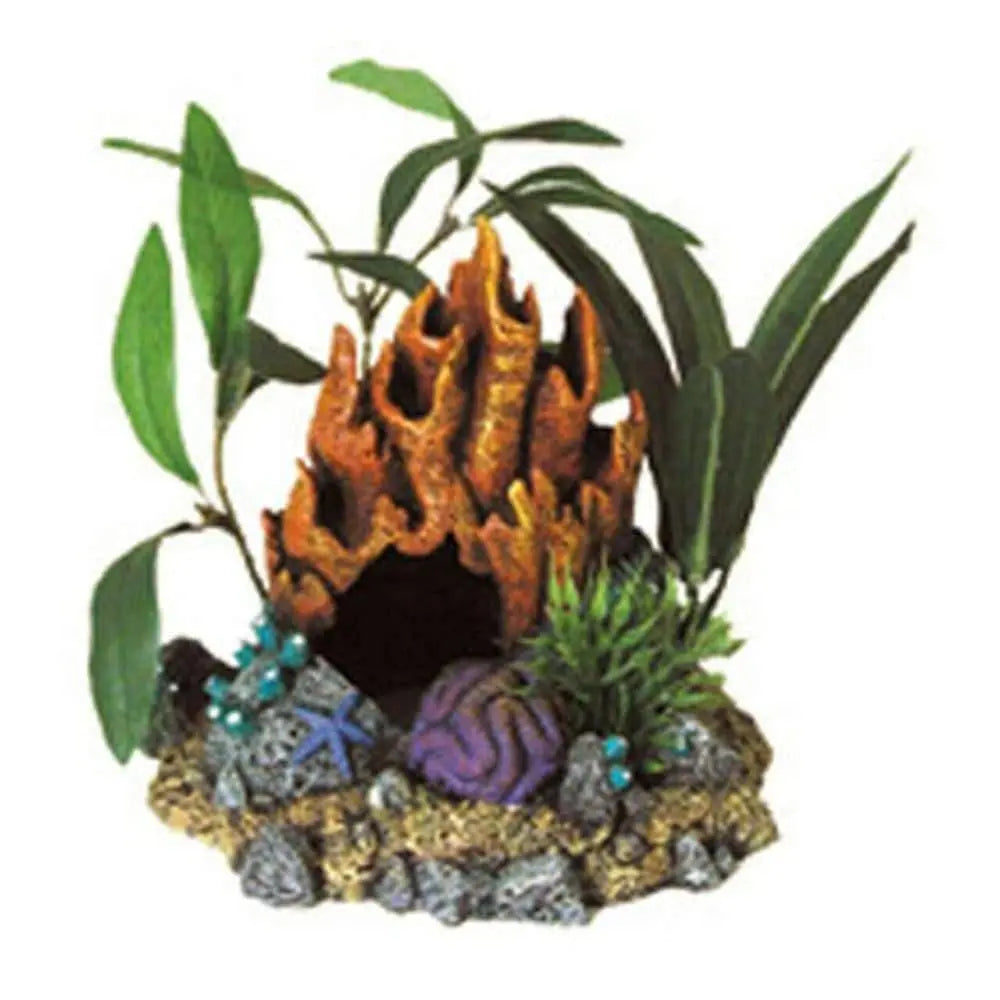 Blue Ribbon Exotic Environments Decorative Fire Coral Cave Artfully Combined With Artificial Plants for Aquariums and Terrariums