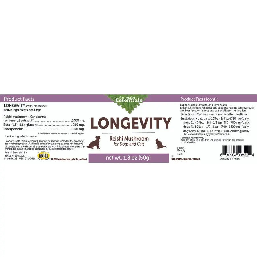 Animal Essentials Premium Longevity Reishi Mushroom Vitamin Supplement for Cats and Dogs - 50g Jar