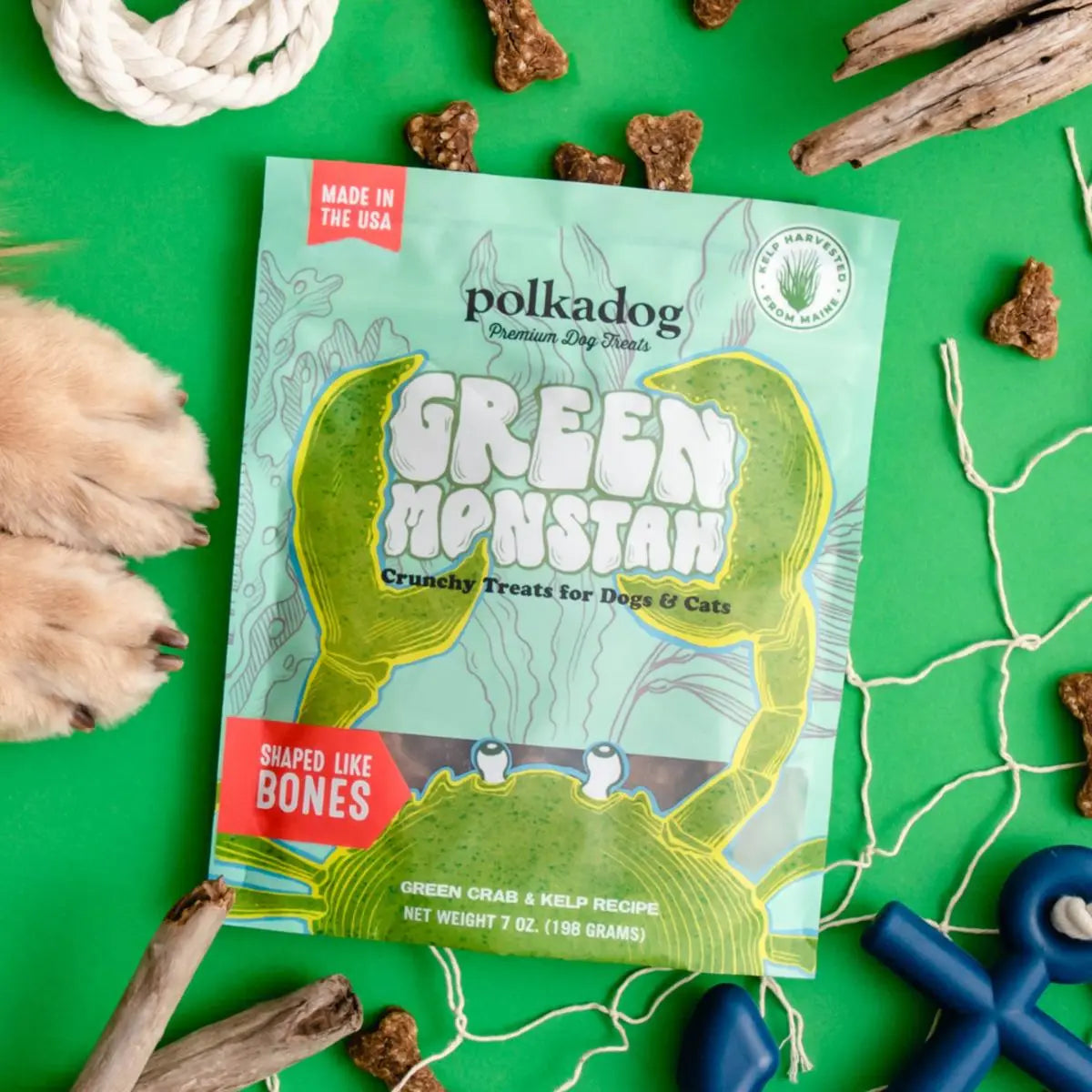 Polkadog Green Monstah Bone - Shaped Crunchy Treats for Dogs and Cats