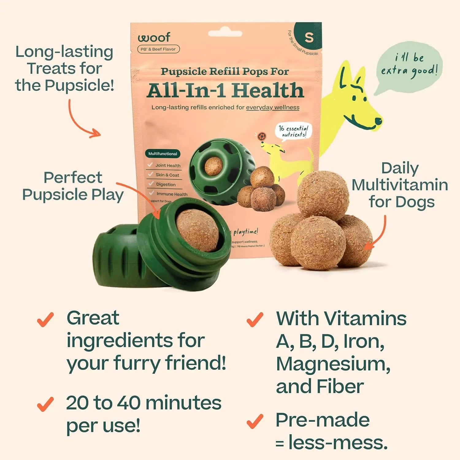 Woof Pet All-in-One Health Beef Flavored Grain-Free Lickable Dog Treat Popsicle Refills for Canine Wellness