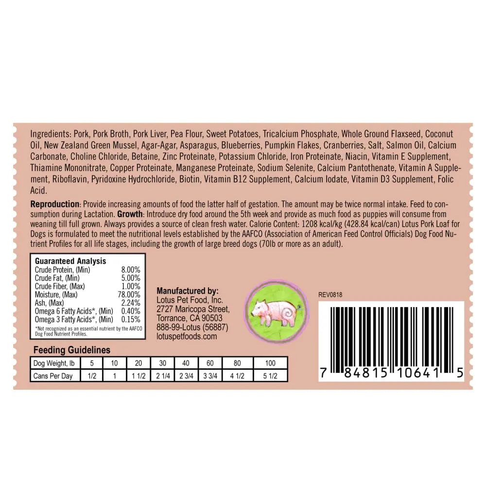 Lotus Premium Grain - Free Canned Dog Food with Pork Loaf, Pack of 12 (12.5 oz Each)