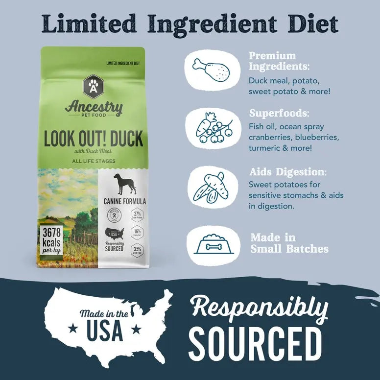 Ancestry Premium Dry Kibble Dog Food with Duck Meal and Potato Formula for Dogs with Food Sensitivities