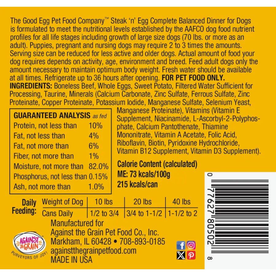 Against the Grain The Good Egg Steak 'n' Egg Premium Canned Dog Food - 12 Cans, Each 10.5 Ounces