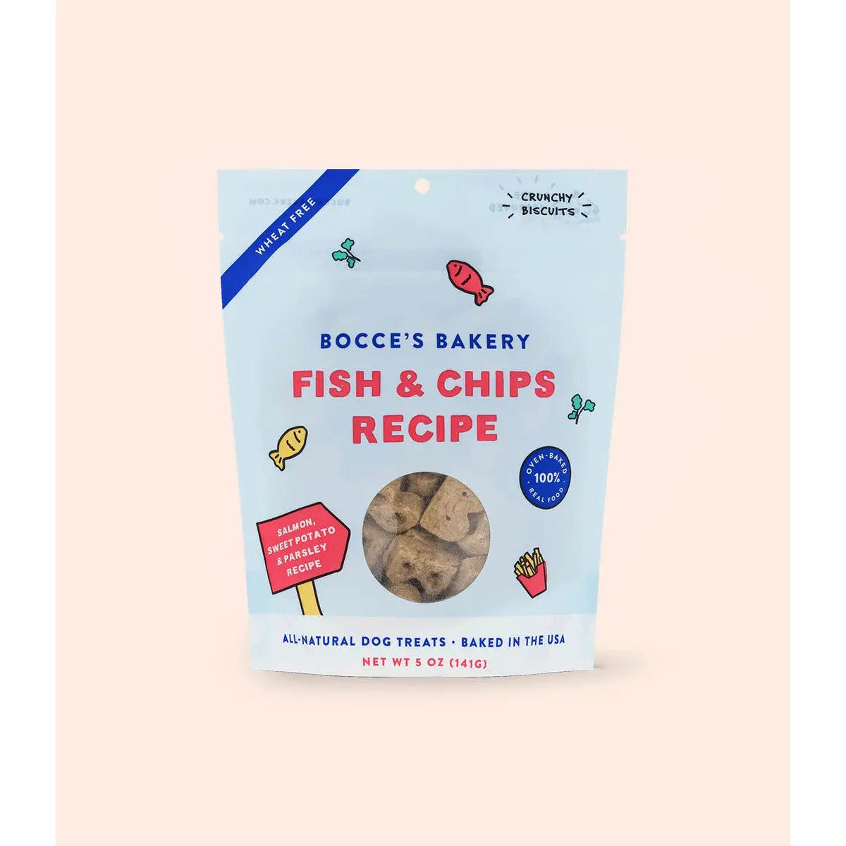 Bocce's Bakery 5-ounce Dog Treats - Crunchy Fish & Chips Inspired Biscuits