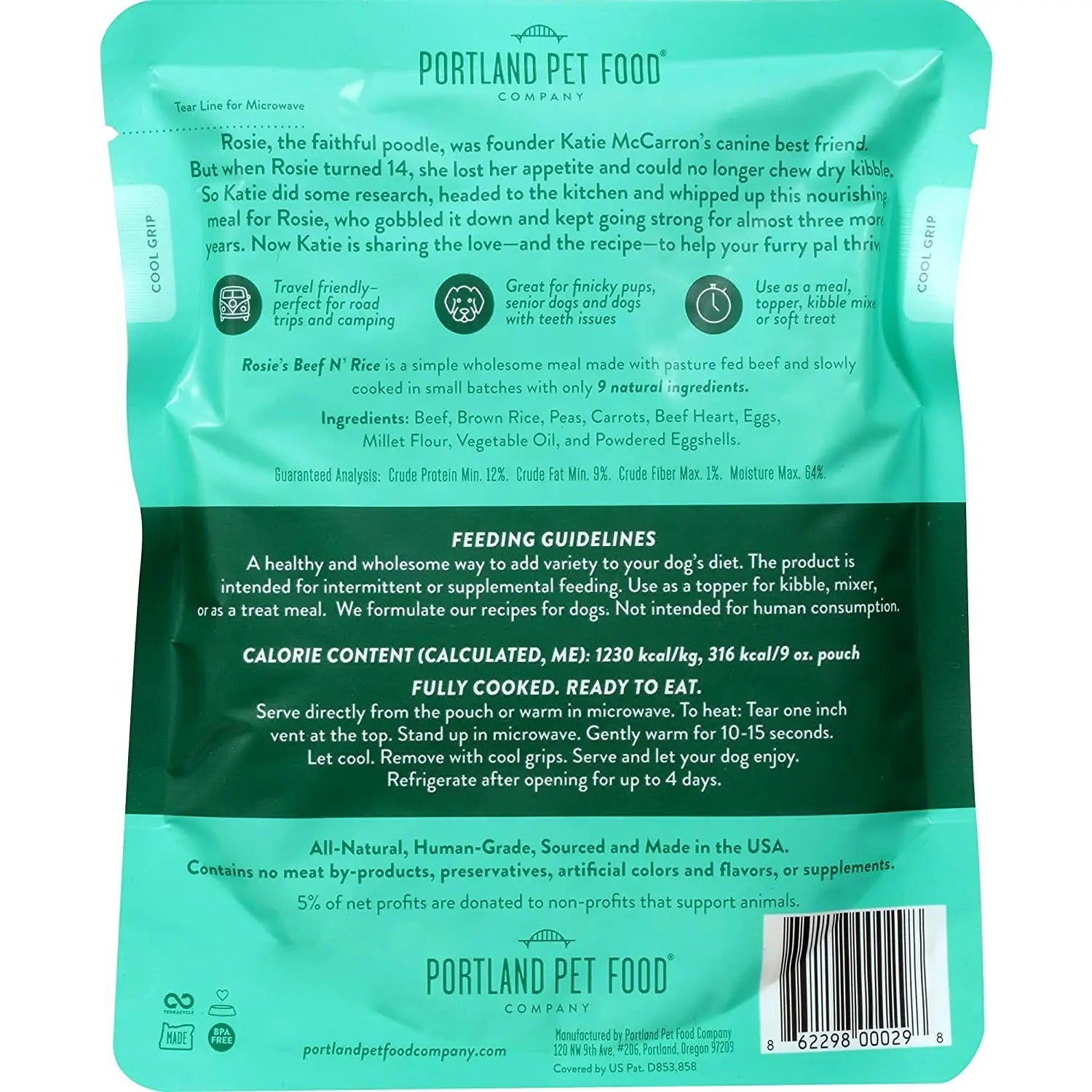 Portland Pet Food Company Rosie's Hearty Homestyle Beef and Rice Wet Dog Food Topper, 8/9 Ounce Pouches