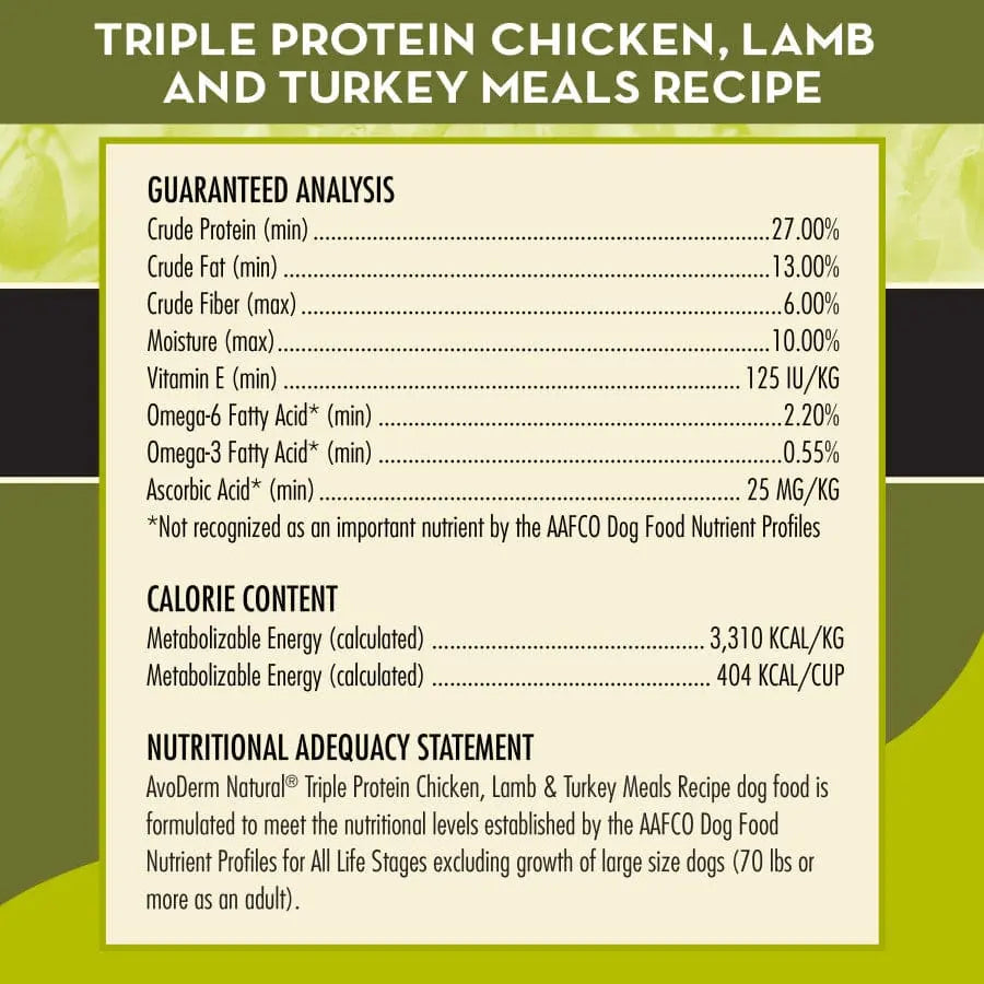 AvoDerm 30 lb Natural Dry Dog Food with Triple Protein Meal Formula