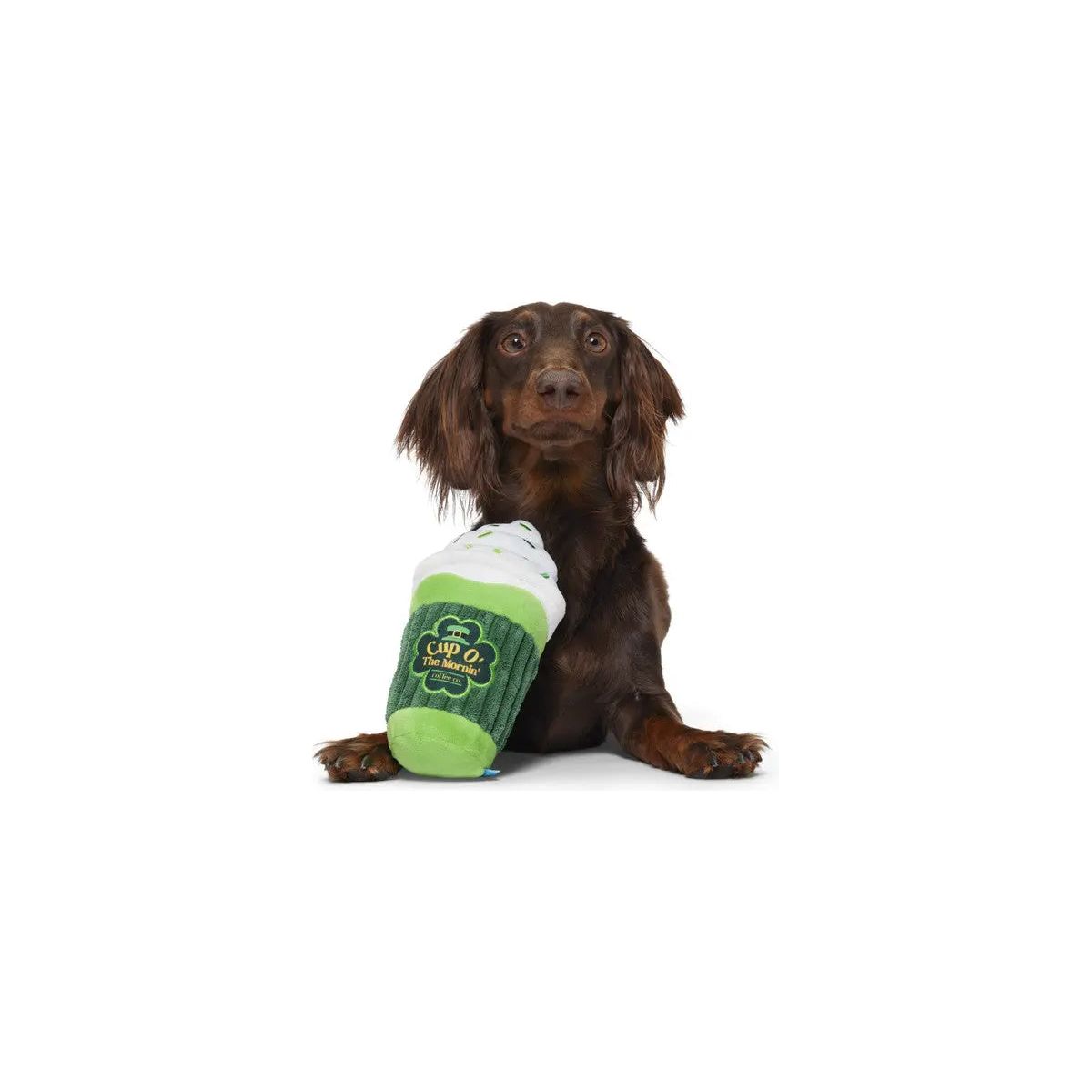 BARK Irish-Style Plush Coffee Dog Toy for Morning Fun