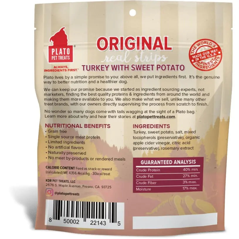 Plato Authentic Turkey & Sweet Potato Real Strips Dog Treats with Digestive Support