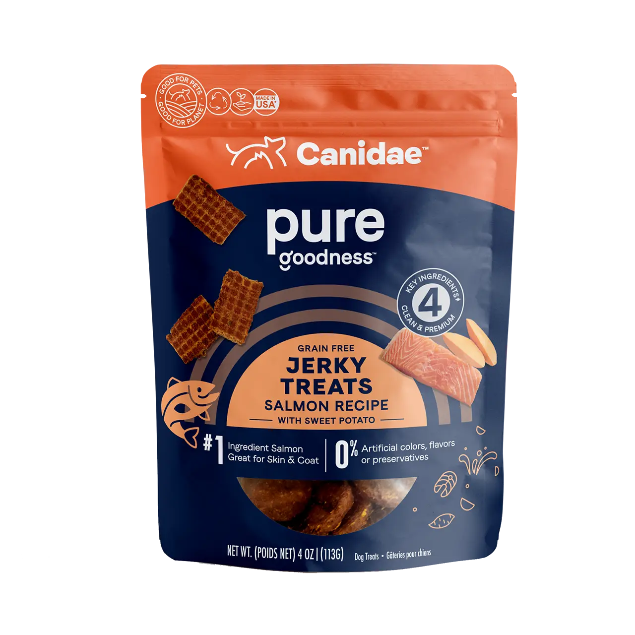 CANIDAE Pure Grain - Free Dog Treats: 4 oz Salmon Jerky with Sweet Potato for Canine Delight