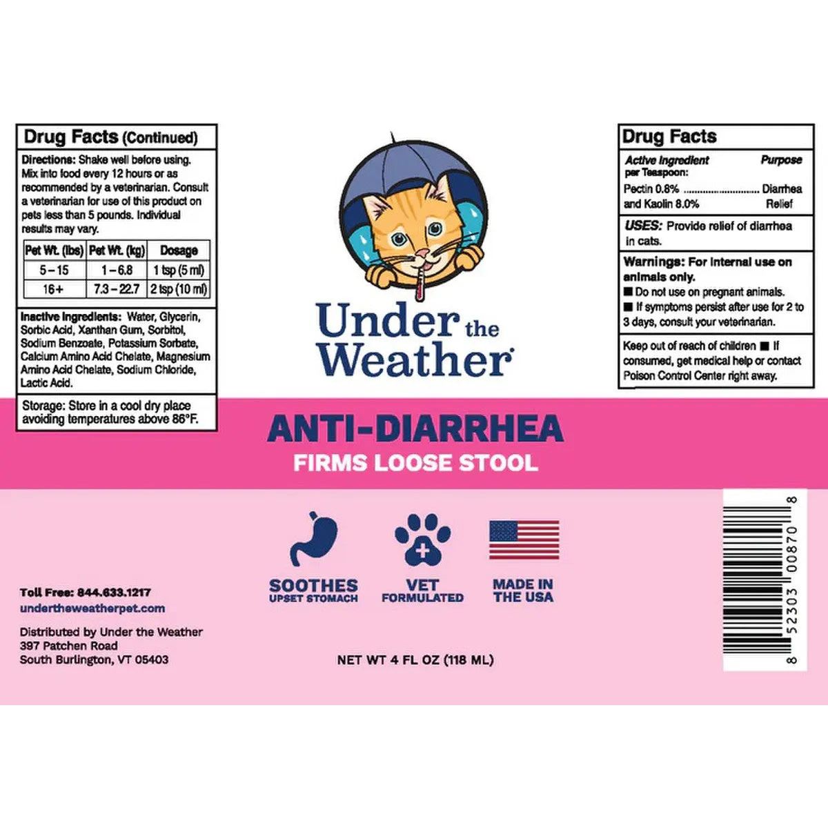 4oz Vet-Formulated Under the Weather Anti-Diarrhea Liquid for Feline Friends