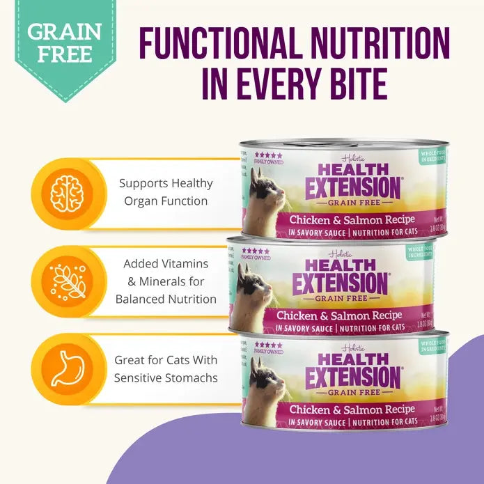 Health Extension Premium Grain-Free Canned Cat Food with Chicken and Salmon - 24 Cans, Each 2.8 oz