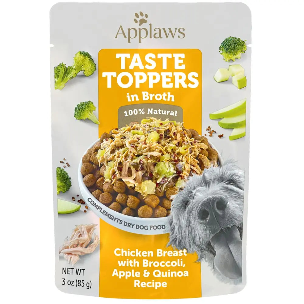 Applaws Wet Dog Food Taste Toppers - Chicken Breast with Broth, Broccoli, Apple, and Quinoa, 3-Ounce Pouches, 12 per Case