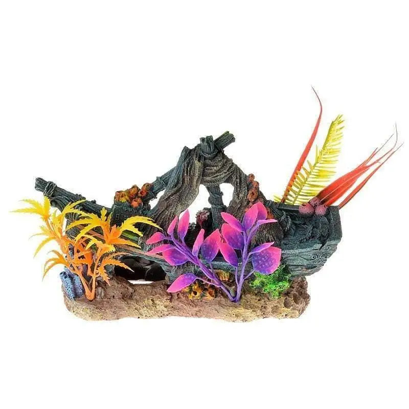Blue Ribbon Exotic Aquatic and Reptile Sunken Ship Floral Decorative Ornament