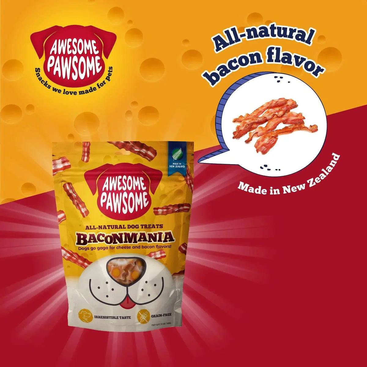 Delicious and Nutritious Bacon - flavored Dog Treats (3oz) - Awesome Pawsome Baconmania