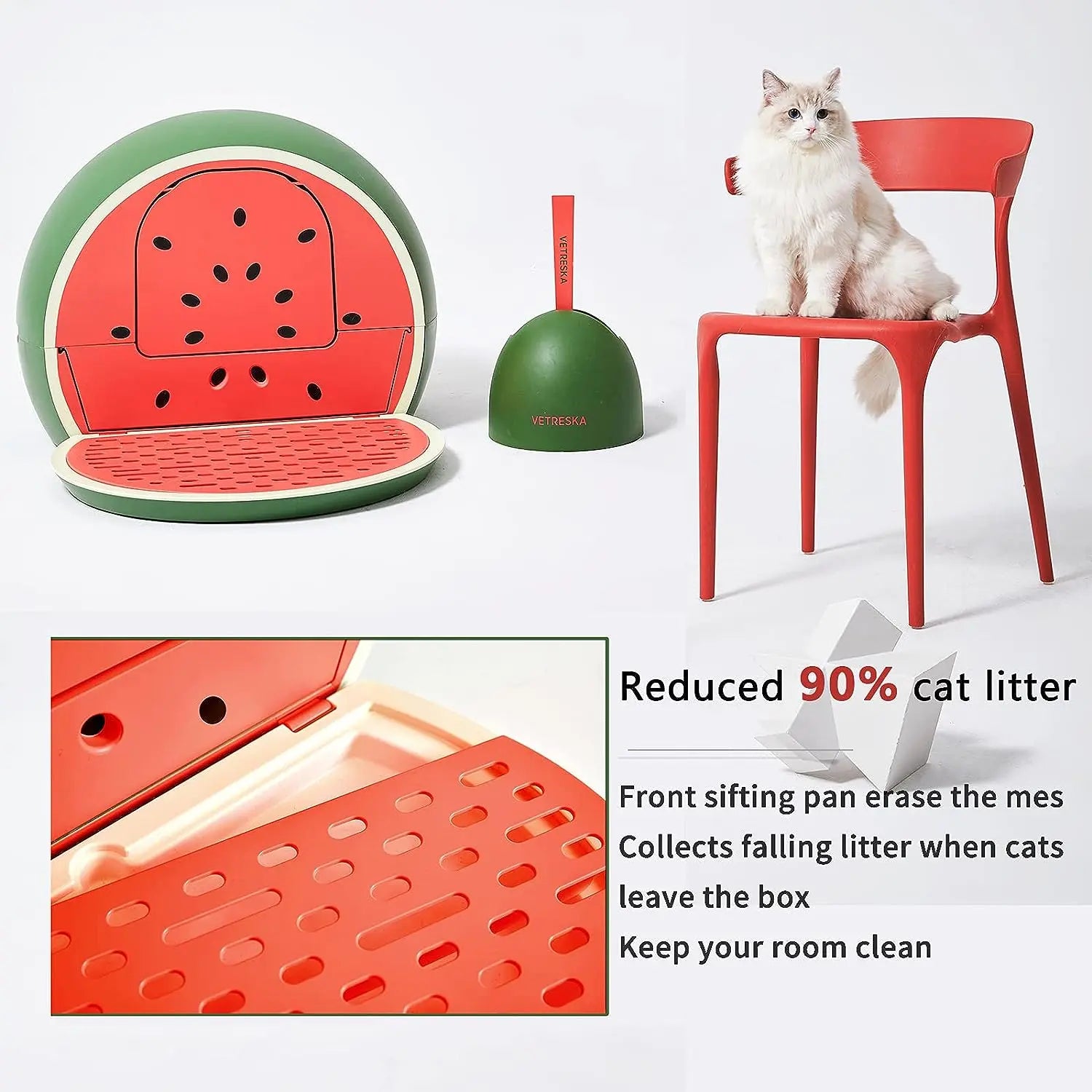 Vetreska Watermelon-Styled Odor-Controlling Kitty Litter Box with Lid and Scoop Set for Feline Companions
