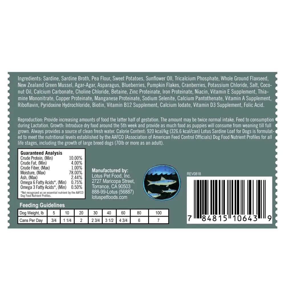 Grain-Free Canned Dog Food - Lotus Sardine Loaf, Pack of 12 Cans, Each 12.5 Ounces